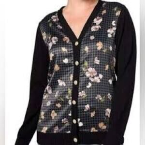 Isaac Mizrahi Estate Mixed Media Satin Front Cardigan Sweater Size M
